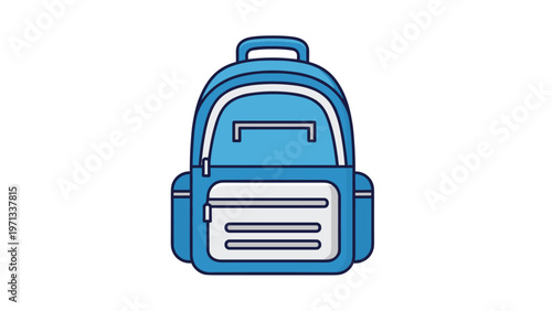Modern blue school backpack illustration with multiple compartments and zippers isolated on a plain white background.