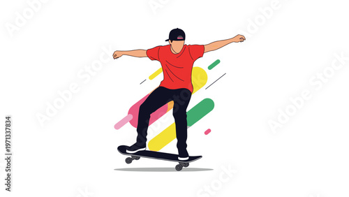 Skateboarder in a red t-shirt performing a trick with an abstract background of colorful geometric shapes and stripes.