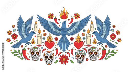 Festive Mexican Day of the Dead illustration with blue birds sugar skulls hearts and colorful flowers in a symmetrical layout.