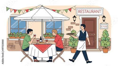 Two young men enjoying a meal at an outdoor restaurant table under a large umbrella while a waiter serves them pizza.