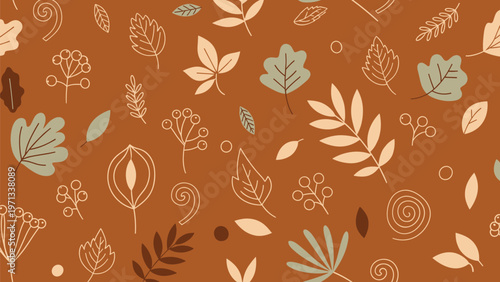 Autumnal seamless pattern with various hand drawn leaves and red berries scattered on a warm orange brown background.