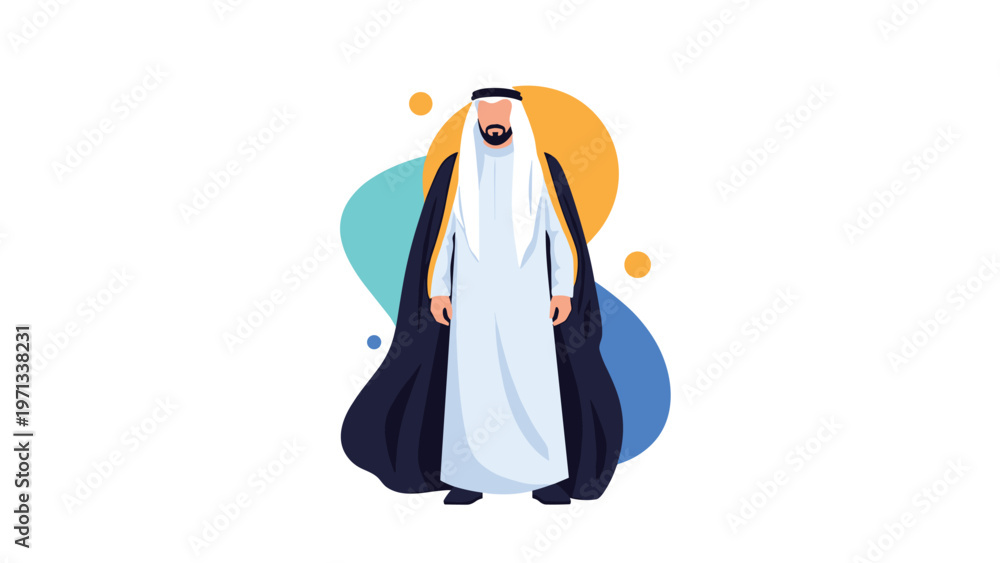 Obraz premium Man in traditional Arab attire wearing a white thobe and a long black cloak standing against an abstract background.