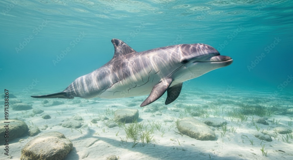 Fototapeta premium Lone Risso's Dolphin With Distinctive Scars Swimming Gracefully in Clear Tropical Waters Over Sandy Seabed