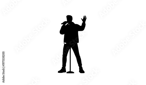 Male pop singer performing on stage with microphone modern flat vector illustration isolated on white background