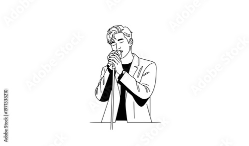 Minimalist line art male singer holding microphone on stage elegant music artist vector isolated