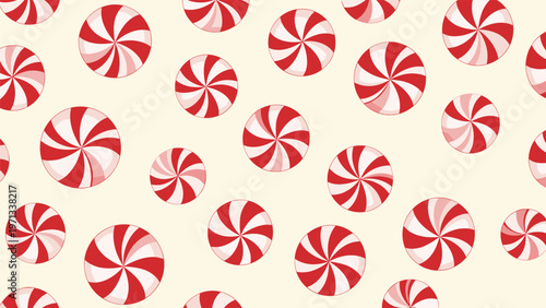 Festive pattern of red and white peppermint swirl candies randomly scattered across a light cream colored background.