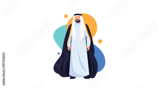 Man in traditional Arab attire wearing a white thobe and a long black cloak standing against an abstract background.