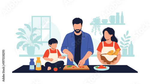 Family preparing a healthy meal together in a modern kitchen with a father slicing vegetables and children helping out.