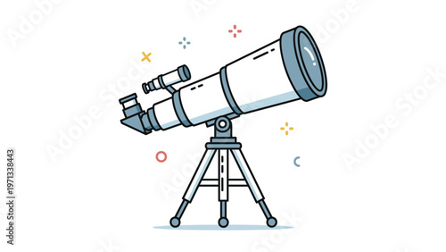 Modern flat line illustration of an astronomical telescope on a tripod surrounded by small colorful decorative symbols.