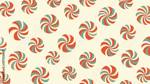 Playful pattern of red and teal peppermint swirl candies or lollipops on a light cream background for a sweet theme.