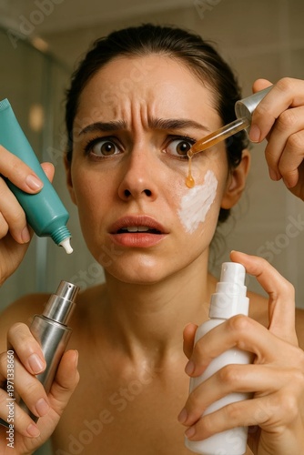 Confused young woman in bathroom holding multiple skincare products and serum dropper near face, unsure about complicated beauty routine.