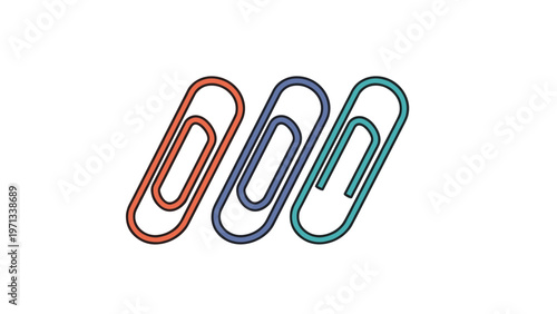 Simple office supply icon featuring three slanted paper clips in bright orange deep blue and teal colors on white.