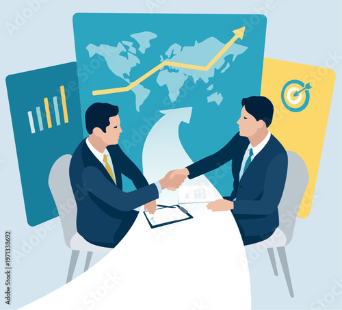 Contract. Cooperation. Signing project. Business people shaking hand in front of a signed contract.
