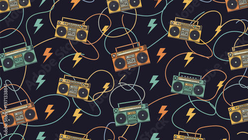 Fun retro pattern with colorful boombox tape players lightning bolts and tangled electrical wires on a dark background.