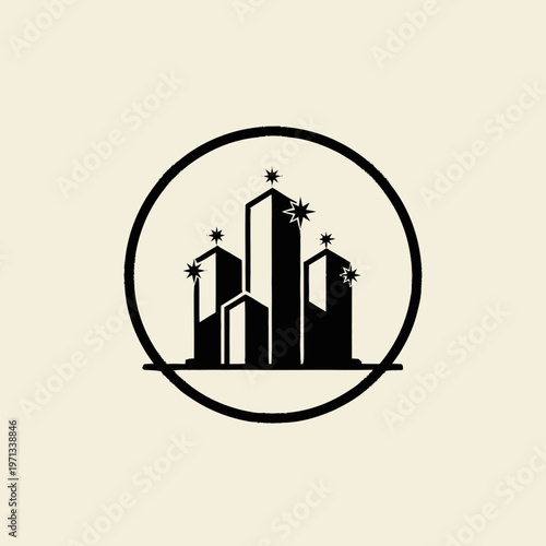 Shiny City Buildings Logo Icon with Sparkles. Modern Urban Skyline for Real Estate and Property Management Concept Vector.