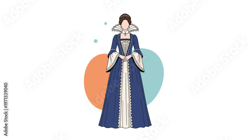 Elegant woman dressed in a royal blue medieval gown with intricate white lace details and a high collar standing against an abstract backdrop.