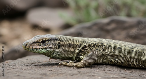 Close-up of a common lizard basking on a rock in natural sunlight, detailed scales and green markings