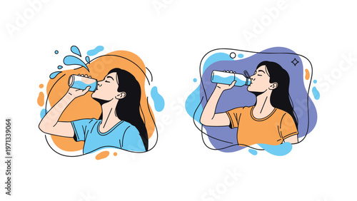 Side by side illustrations of two young women staying hydrated by drinking fresh water from a can and a reusable bottle on colorful backgrounds.