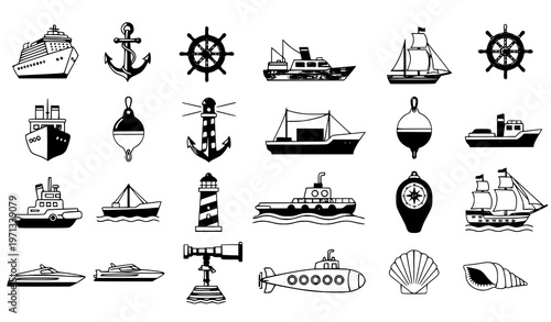 A collection of nautical icons and symbols in a minimalist vector graphic design