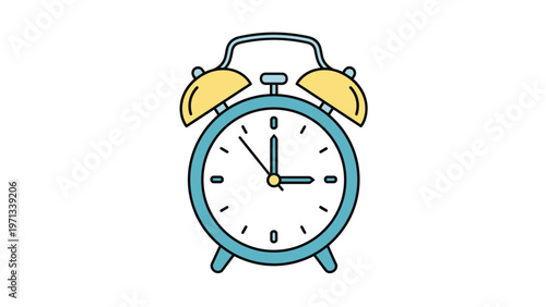 Classic blue alarm clock with yellow bells and a white face showing the time at exactly three o clock, isolated on a white background.