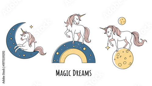 Trio of magical unicorns posed on a crescent moon, a rainbow, and a full moon, accompanied by the text Magic Dreams on a white background.