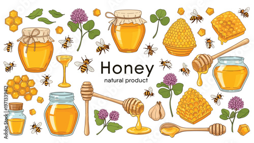Comprehensive collection of honey themed illustrations including honey jars, honeycombs, busy bees, wooden dippers, and flowers.