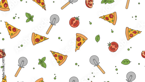 Fun and appetizing seamless pattern of pepperoni pizza slices, pizza cutters, fresh red tomatoes, and green basil leaves on a white background.