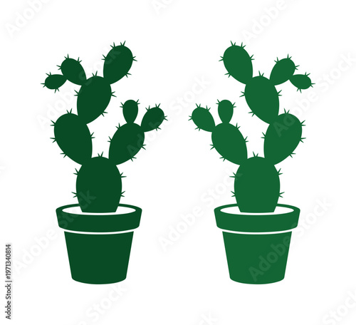 Prickly pear cactus vector illustration, two potted green cacti, desert plant icon set, succulent houseplant graphic for botanical designs
