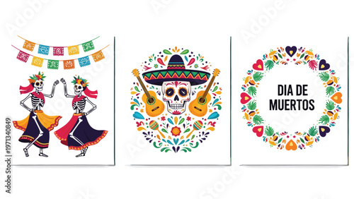 Set of three dia de los muertos cards with dancing skeletons a sugar skull with guitars and a colorful floral heart wreath.