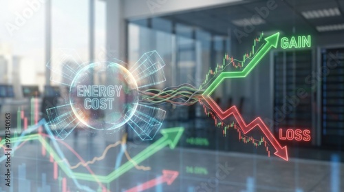 Business graph illustrating energy cost with stock market chart in background through glass window perspective