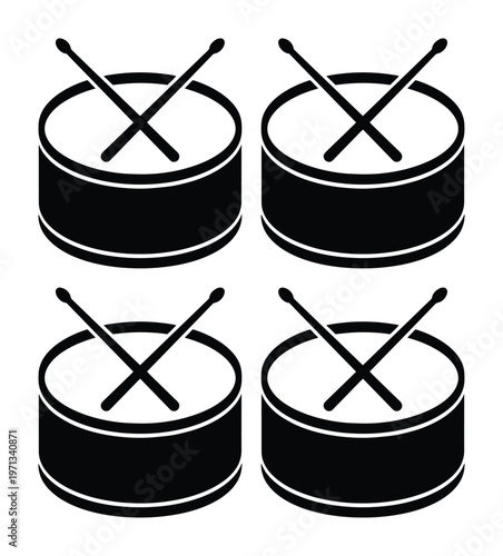 Four black and white drum icons, simple percussion instrument vector set, musical equipment graphic elements for music, entertainment, and rhythm design projects