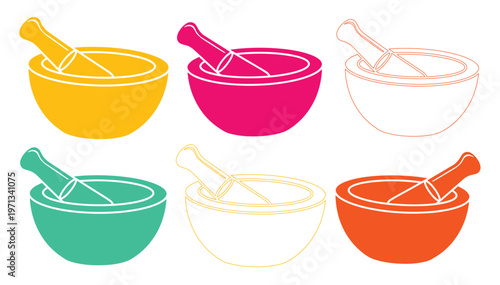 Colorful mortar and pestle vector set, vibrant kitchen tools, traditional grinding equipment, pharmacy and herbal medicine symbols, cooking and culinary design elements