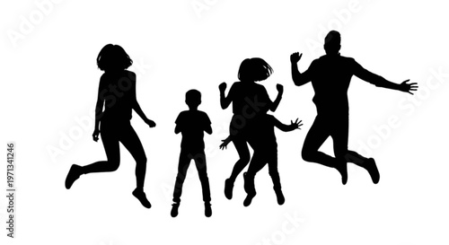 Tableau sur toile A family of four jumping together in unison isolated on transparent background,