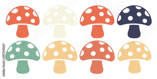Retro mushroom vector set, charming vintage fungi illustrations, colorful toadstool collection, whimsical nature-inspired graphic elements for design projects