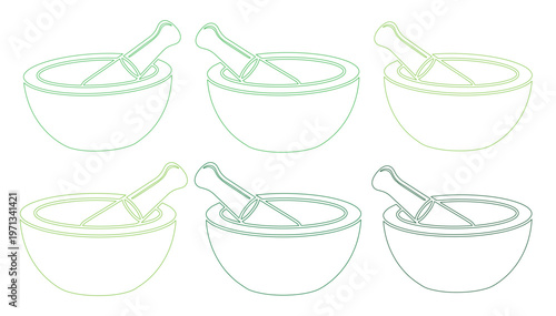 Mortar and Pestle Vector Icon Set, six minimalist line art illustrations, essential kitchen and pharmacy tools, herbal medicine preparation, cooking ingredients