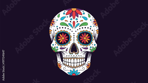 Ornate sugar skull illustration for day of the dead celebration features colorful flower patterns on a dark purple backdrop.