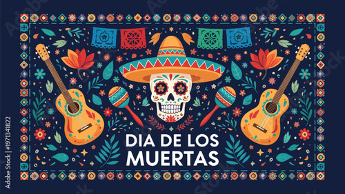 Festive dia de los muertas banner features a central sugar skull with guitars and maracas surrounded by colorful ornaments.