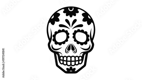 Black and white sugar skull silhouette featuring intricate floral patterns and designs is isolated on a white background.
