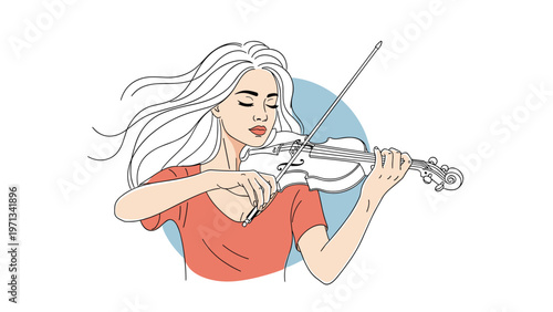 Beautiful woman with long flowing hair plays the violin with closed eyes in a peaceful and artistic circular composition.