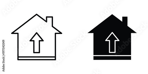 Contrast between a simple outline house and a filled black house with an upward arrow inside each