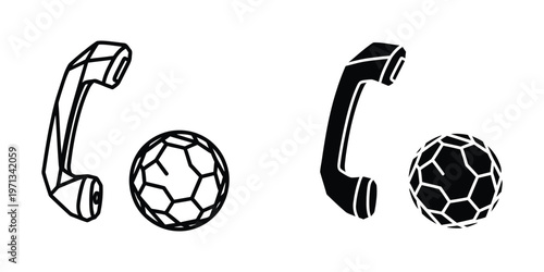 Telephone icons paired with soccer balls in contrasting black and white styles