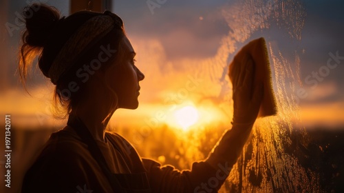 Woman cleaning window at sunset