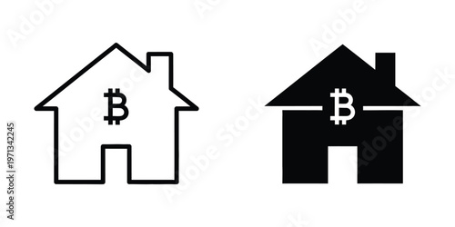Cryptocurrency symbol integrated into house icons representing digital home ownership or investment