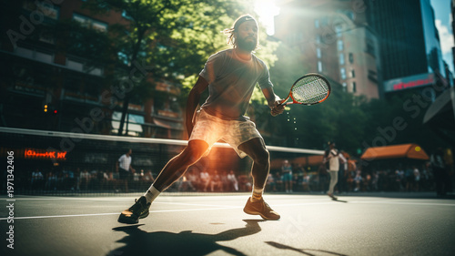 Tennis player in motion swinging racket under dramatic colored lighting. Concept of art photography, visual storytelling, energy flow, and creative composition in movement. Banner
