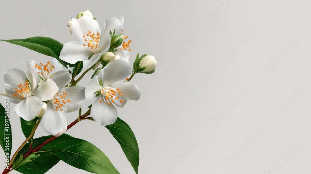 Fototapeta premium White Blossom With Green Leaves on Soft Background in Studio Light