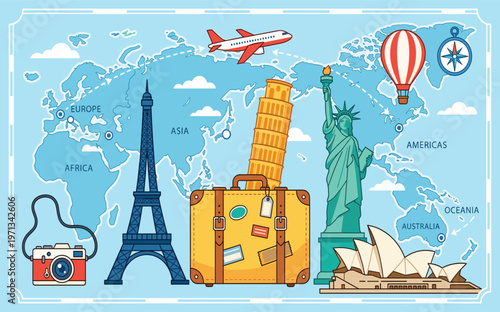 Global travel illustration with world map Eiffel Tower Statue of Liberty Pisa Tower Sydney Opera House suitcase airplane hot air balloon tourism concept
