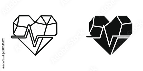 Geometric heart shapes composed of interconnected polygons in contrasting styles