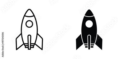 Contrast between a simple line drawing and a bold filled space rocket design