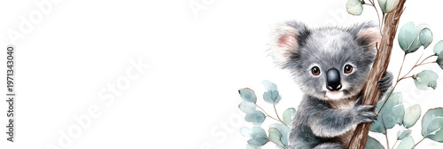 Adorable ilustración acuarela de un bebé koala gris abrazando una rama de eucalipto, con hojas verdes suaves sobre un fondo blanco puro, ideal para diseños infantiles.