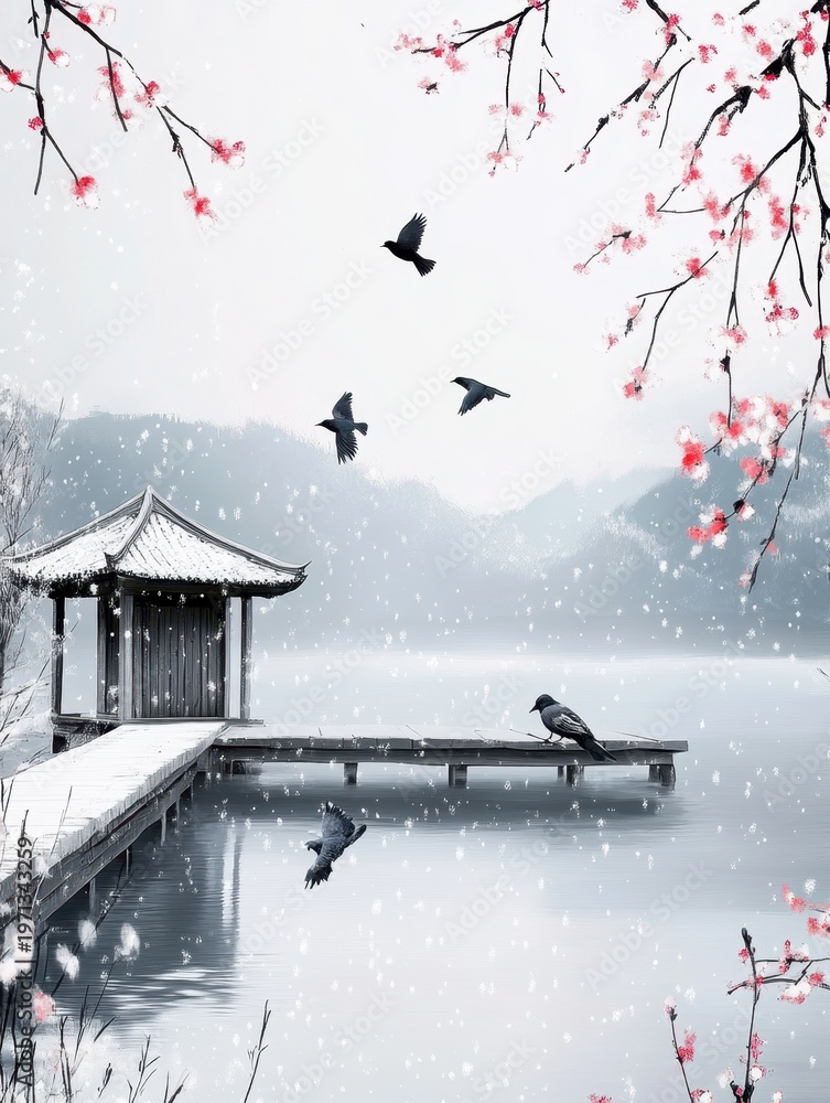 Fototapeta premium Snowy Winter Landscape with Birds and Pagoda